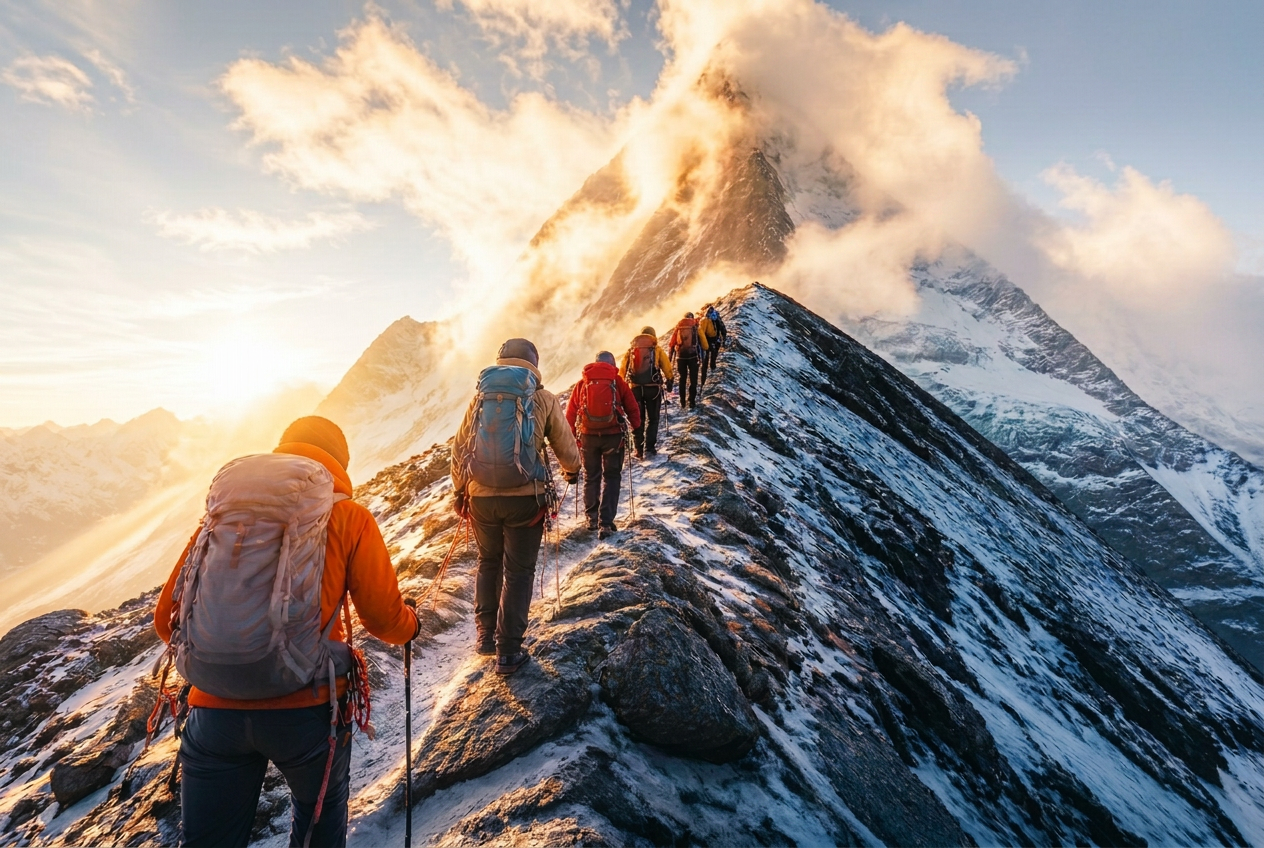 A roped team of men and women with backpacks climbing a steep mountain ridge at sunrise, the summit towering far above but hidden by clouds so they cannot see the top