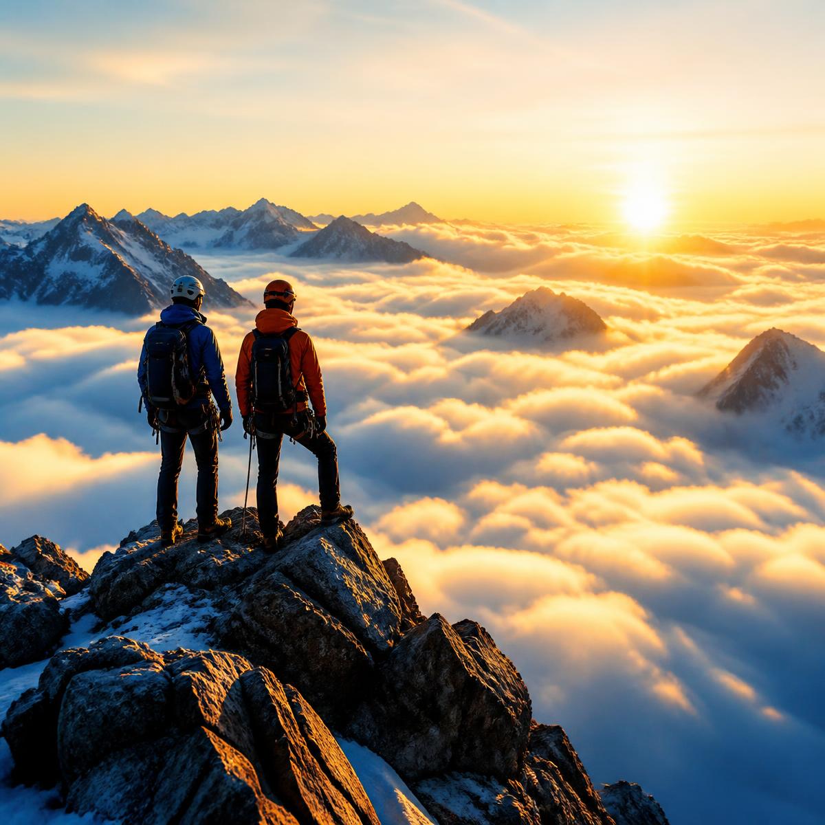 Two climbers on a summit ridge at sunrise looking out over a sea of clouds