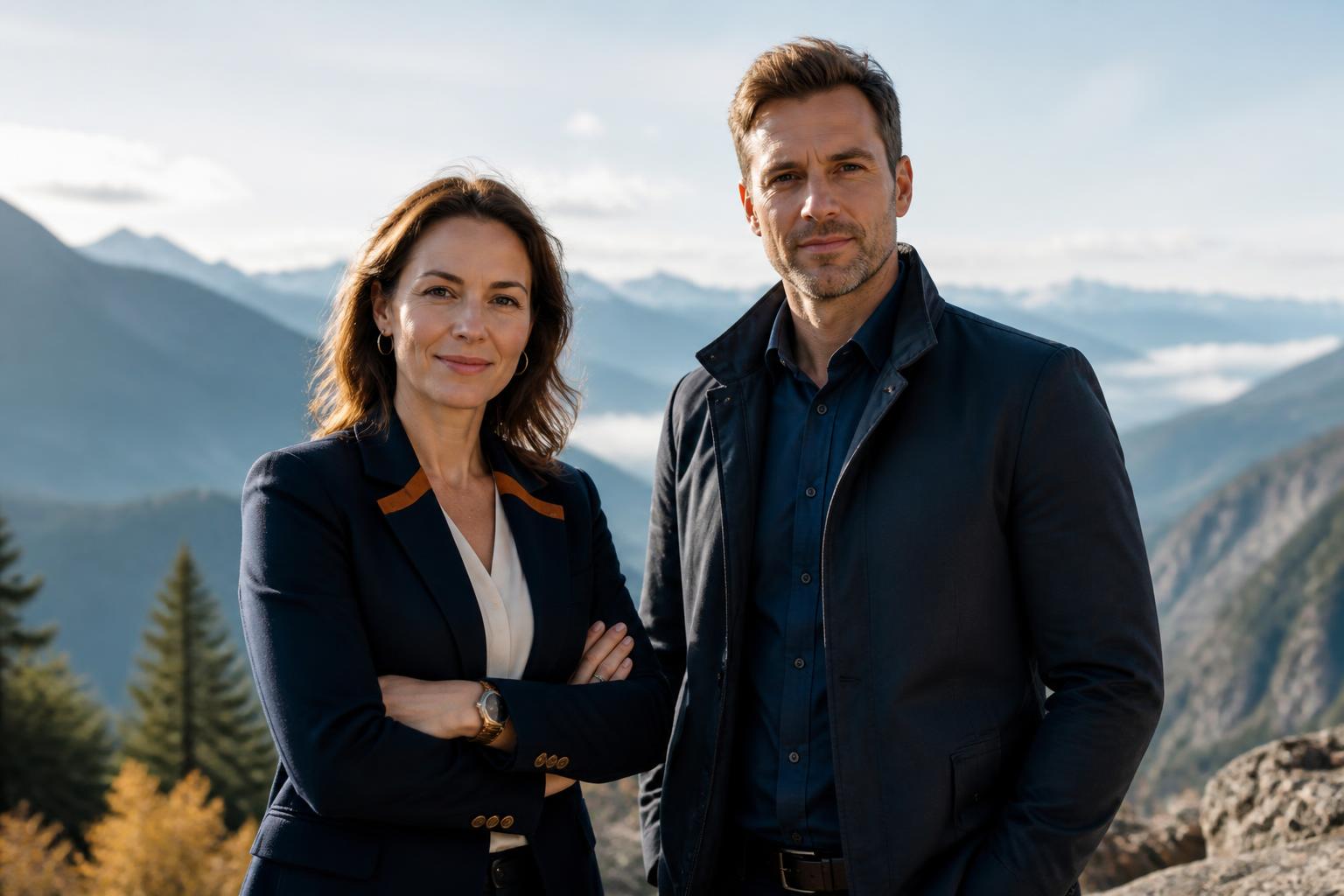 A younger woman and man in polished navy business attire standing at a bright mountain overlook